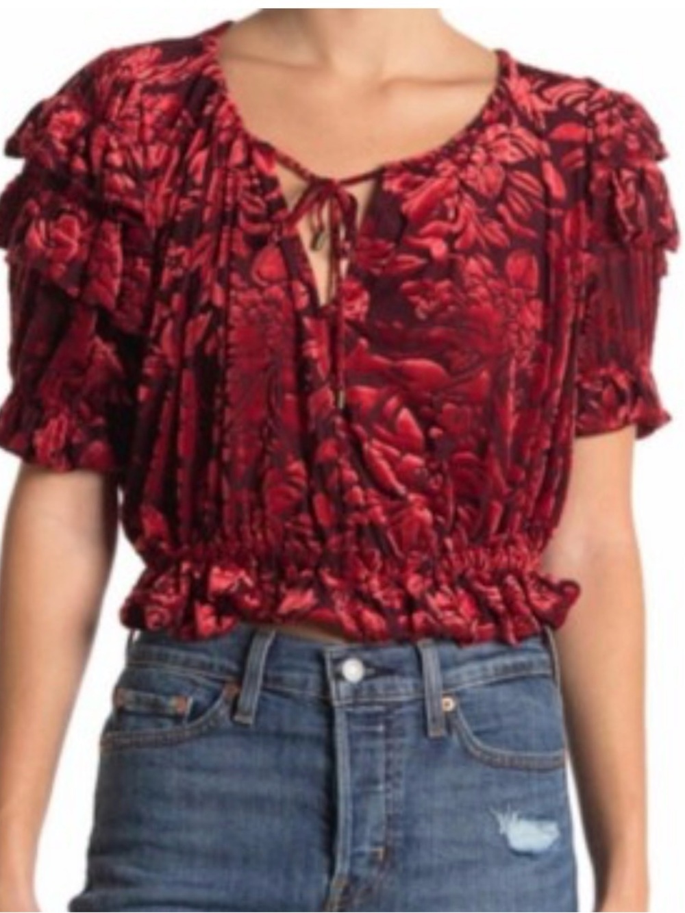 Free People Velveteen Dreams Blouse Red Boho Ruffle Floral Puff Sleeve Size S